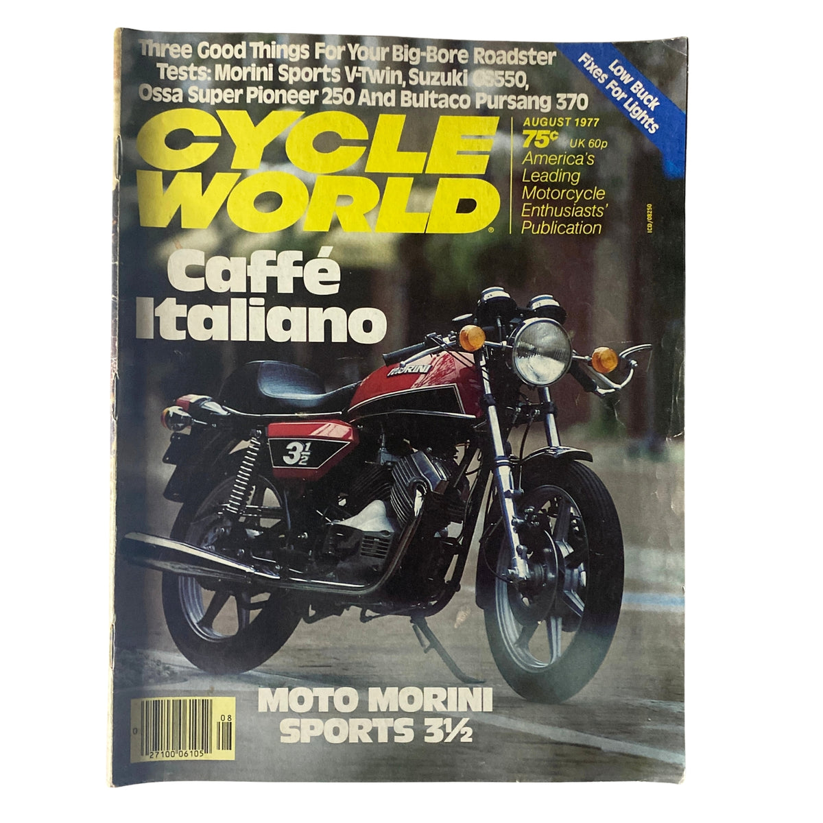 Cycle World Magazine August 1977 featuring Moto Morini Sports 3½ on the cover, showcasing motorcycle culture and café lifestyle.