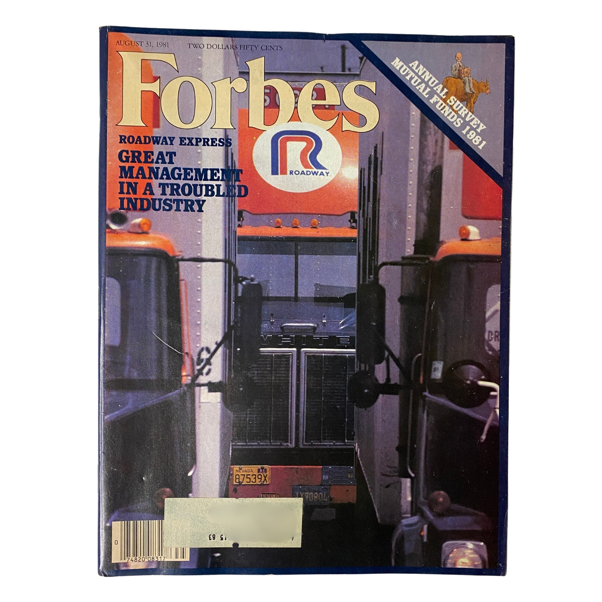 Cover of Forbes Magazine, August 31, 1981, featuring an article on Roadway Express and the theme of great management in a troubled industry. The magazine includes visuals of trucks relevant to the cover story, highlighting corporate leadership and financial insights.