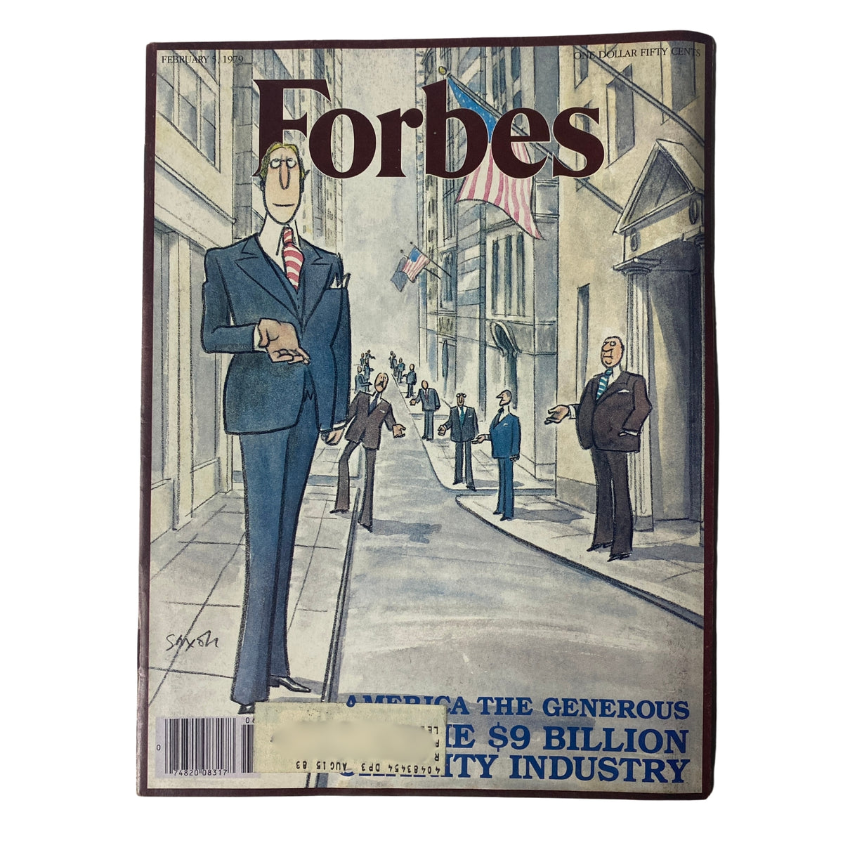 Cover of Forbes Magazine February 5, 1979 titled 'America the Generous,' illustrated by Charles Saxon, showcasing figures in a philanthropic context.