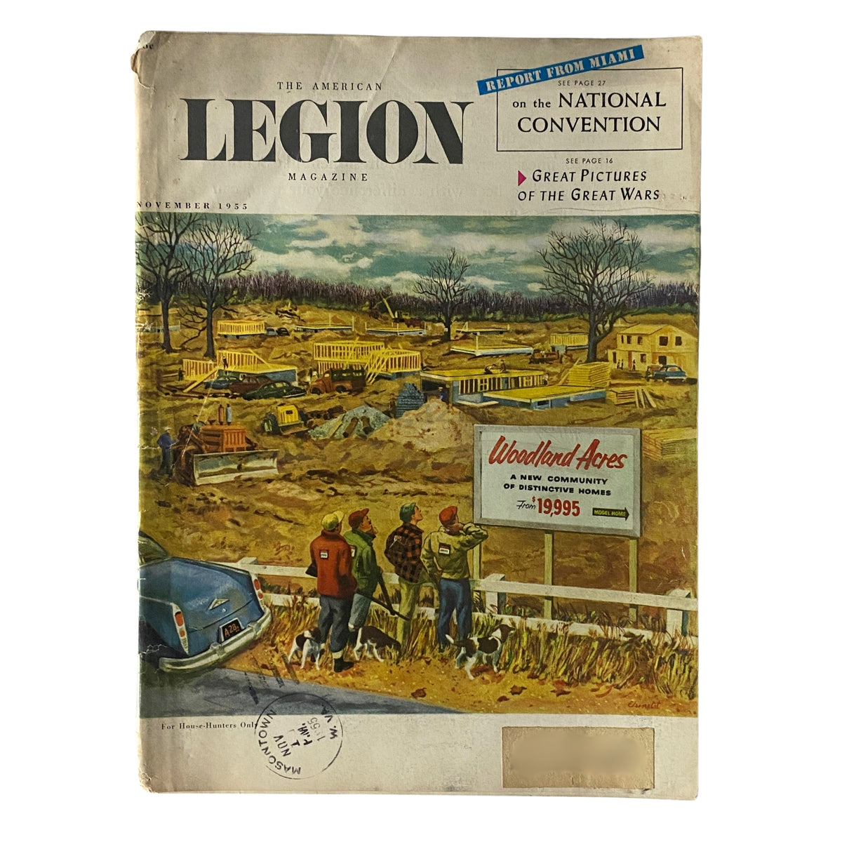 Cover of The American Legion Magazine, November 1955 issue, featuring a painting of a construction site with three men observing in the foreground, highlighting the theme 'Great Pictures of the Great Wars.'