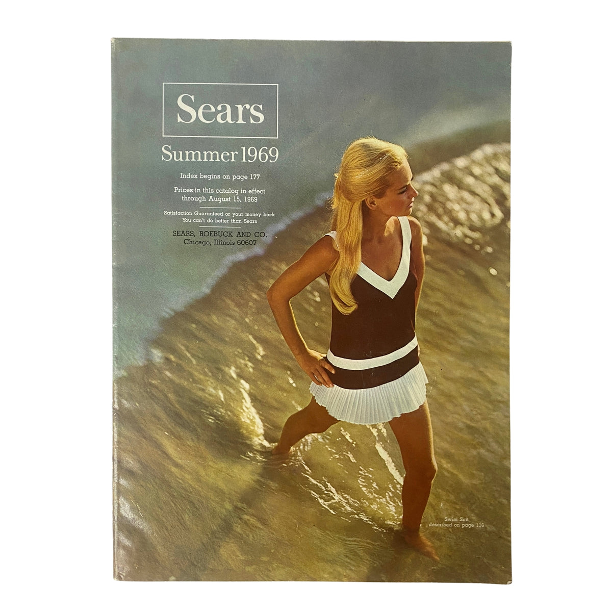 Cover of the 1969 Sears Roebuck and Co. Summer Catalog featuring a model in a vintage swimsuit standing in shallow water, embodying the essence of summer fashion from the 1960s.
