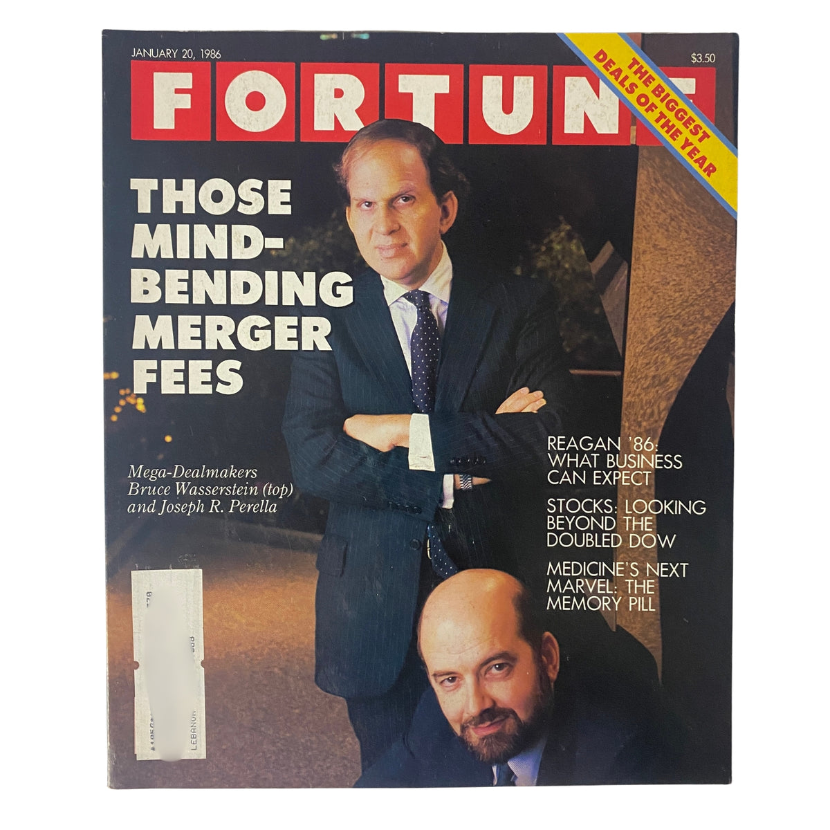 Fortune Magazine January 20, 1986 cover featuring Bruce Wasserstein and Joseph R. Perella, highlighting a story on merger fees.