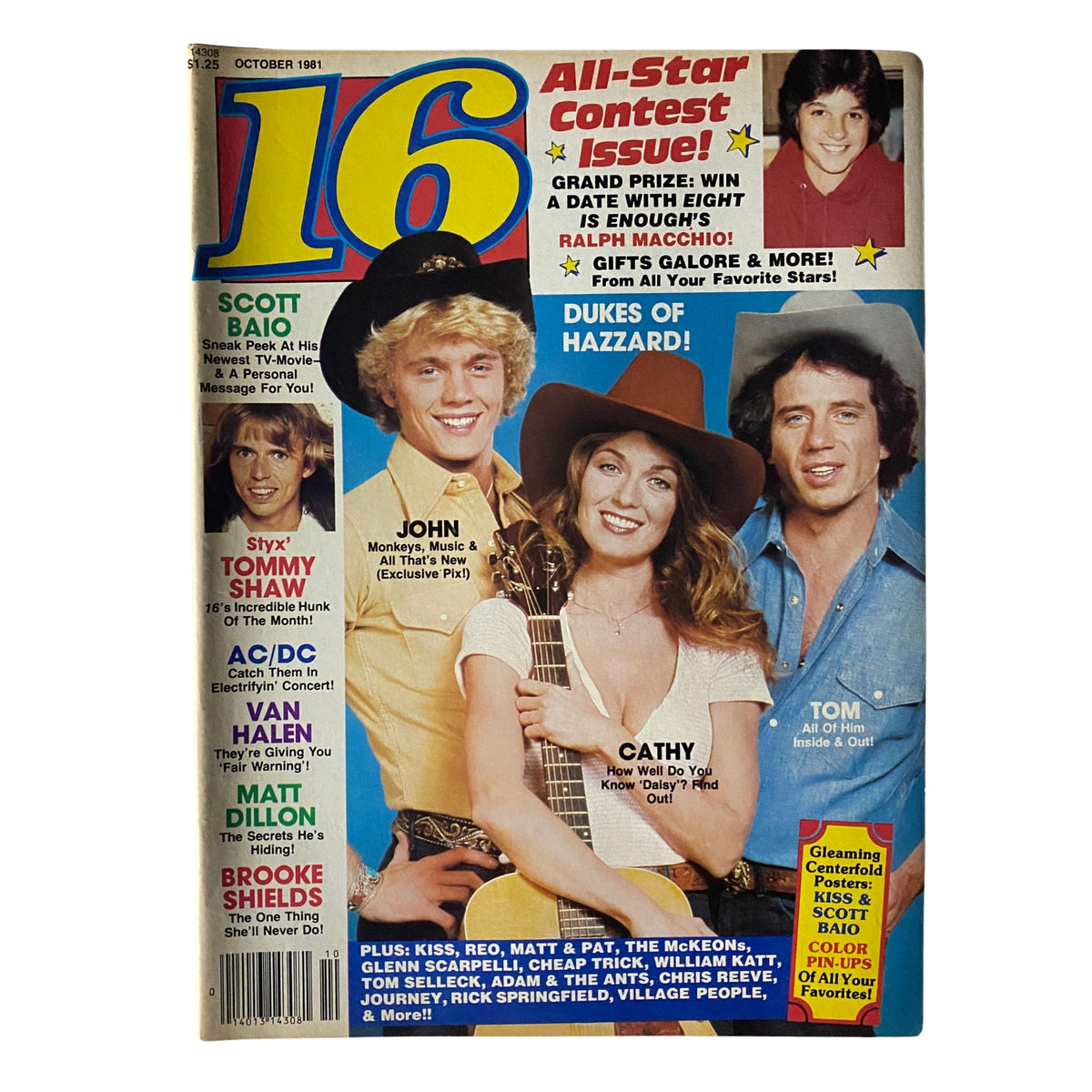 Cover of 16 Magazine from October 1981 featuring John Schneider, Catherine Bach, and Tom Wopat. The issue highlights an All-Star contest with Scott Baio, Ralph Macchio, and celebrities from the '80s, capturing the vibrant pop culture of the era. Collectible item for fans of classic magazines.