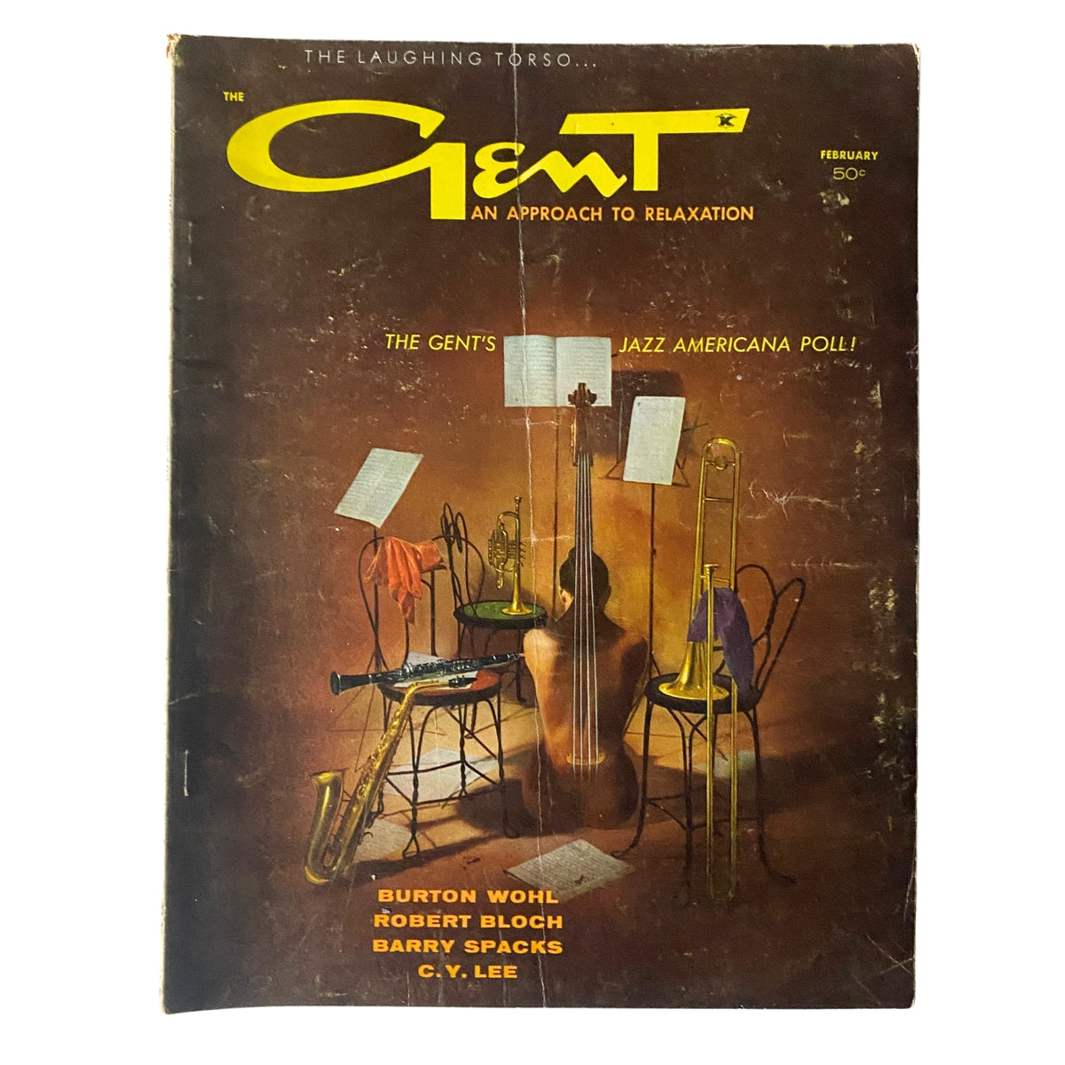 Cover of Gent Magazine February 1960 featuring The Gent's Jazz Americana Poll, showcasing jazz instruments against an artistic background.
