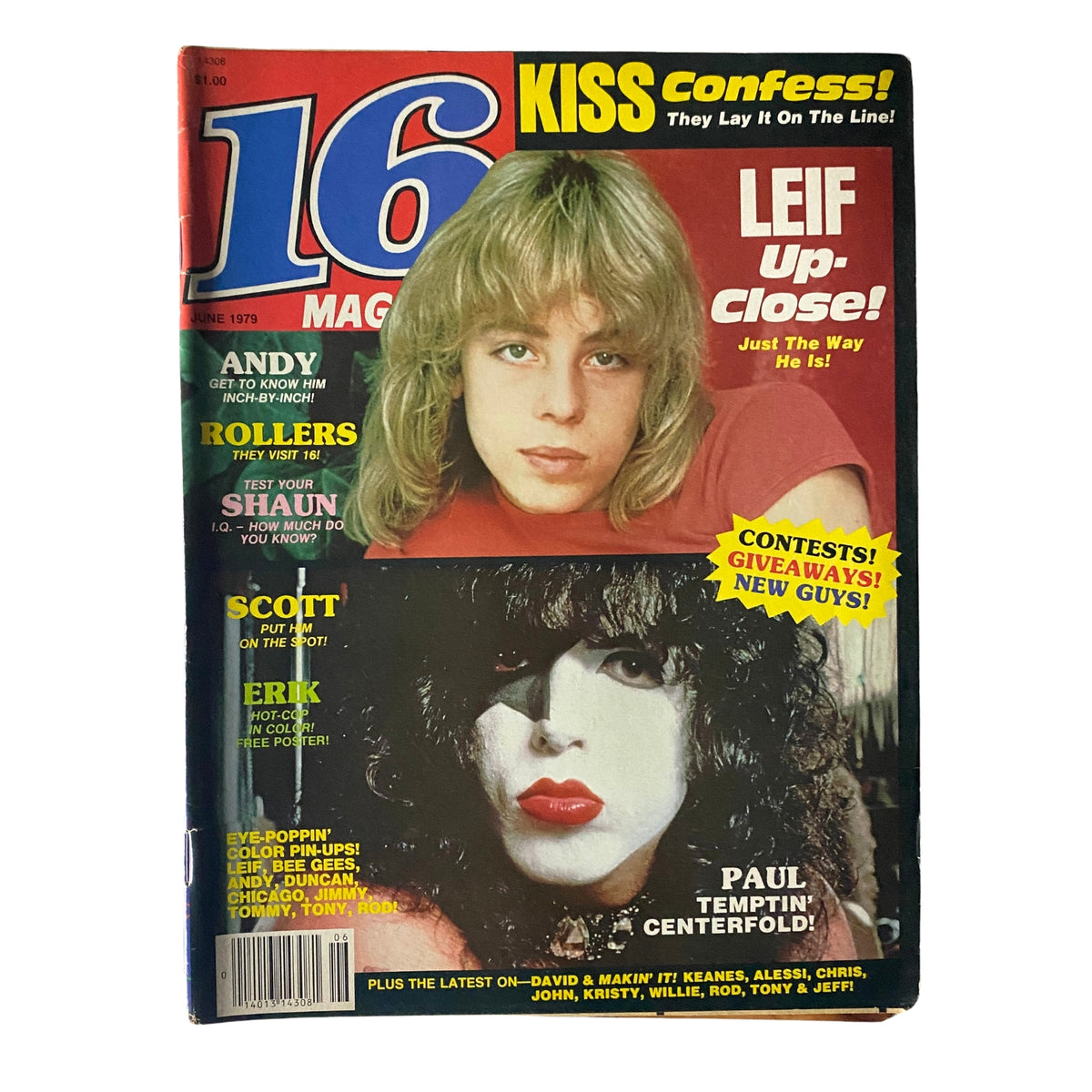 Cover of 16 Magazine June 1979 featuring Leif Garrett and Paul Stanley, showcasing vibrant colors and popular teen icons.