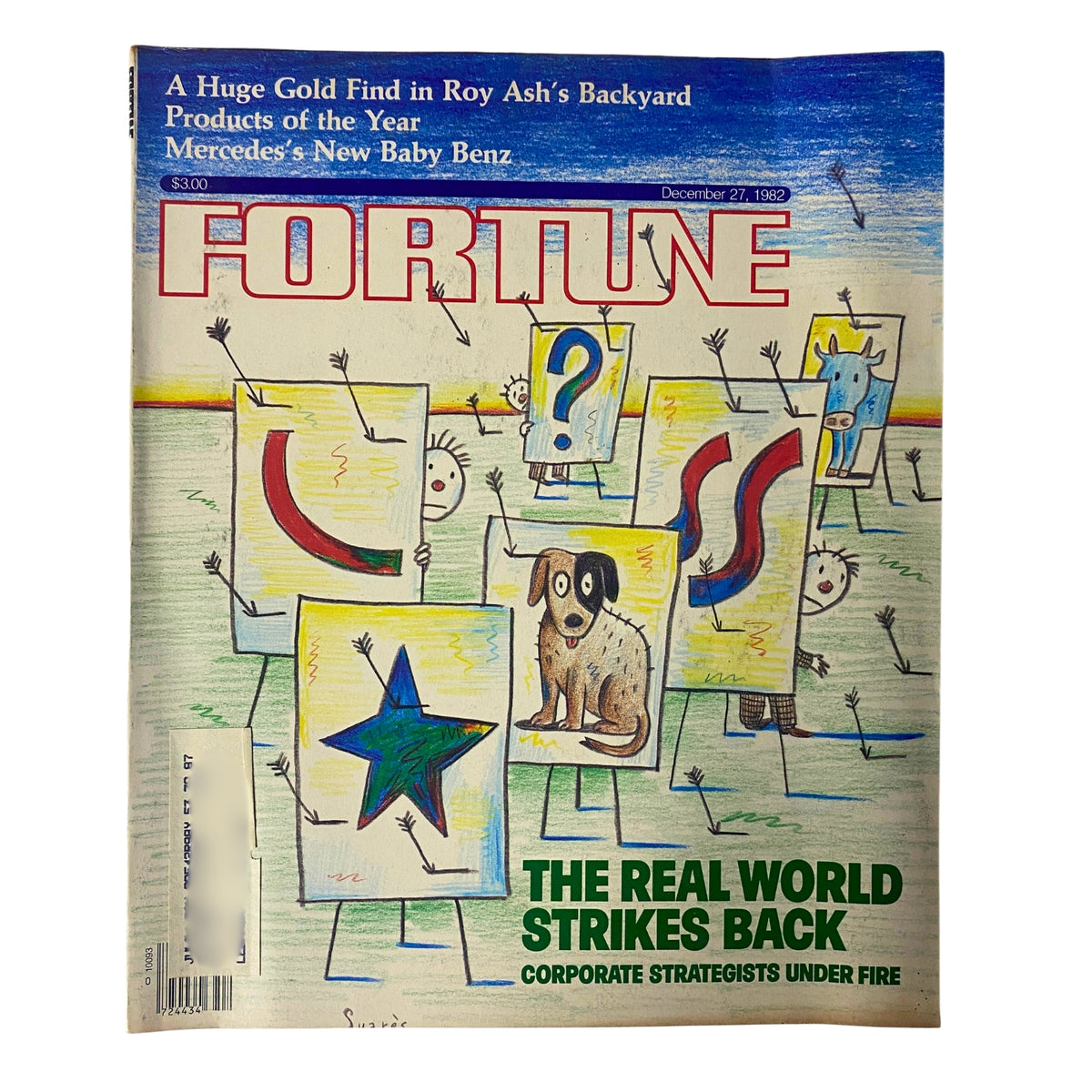 Fortune Magazine cover from December 27, 1982, titled 'The Real World Strikes Back' featuring colorful illustrations of signs, a dog, and corporate themes.