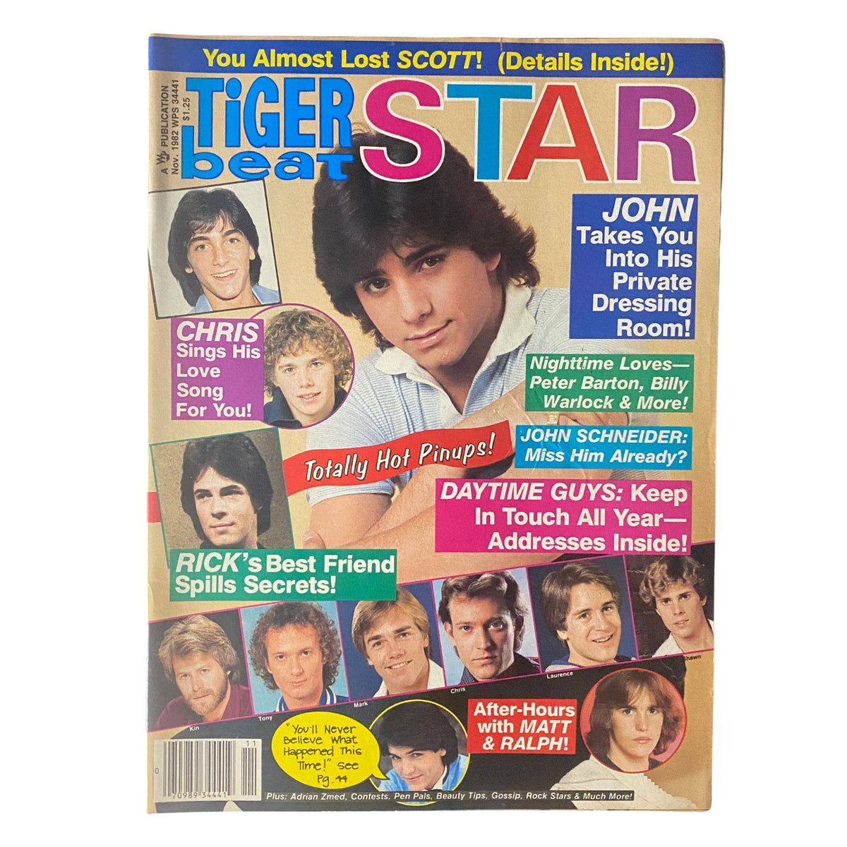 Cover of Tiger Beat Star Magazine November 1982 featuring Scott Baio, Chris Atkins, and John Schneider, highlighting articles on teen idols and their insights.