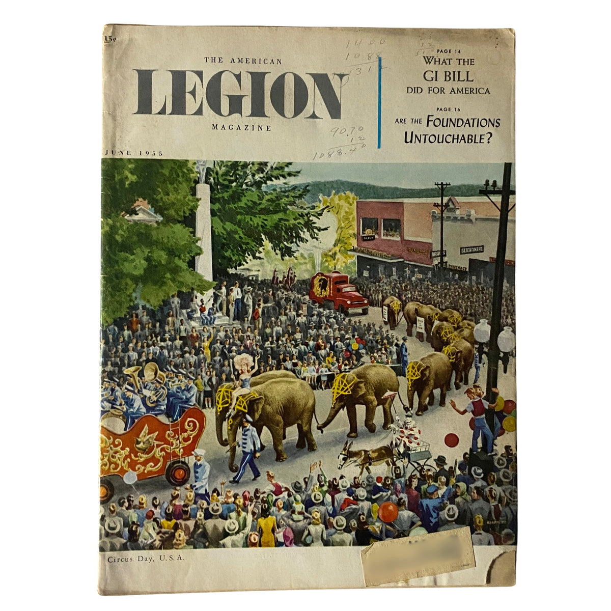 Cover of The American Legion Magazine, June 1955 issue, featuring a vibrant Circus Day, U.S.A. scene with a parade of elephants, a marching band, and an excited crowd, showcasing mid-20th century American culture.