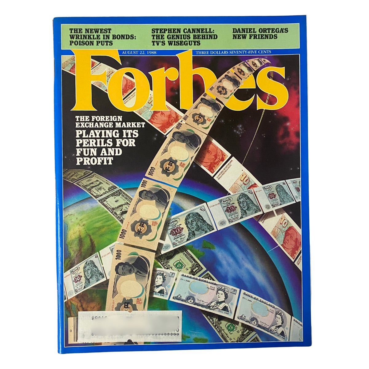 Forbes Magazine August 22, 1988 cover featuring the title 'The Foreign Exchange Market: Playing Its Perils for Fun and Profit' with various international currency notes on a global map.