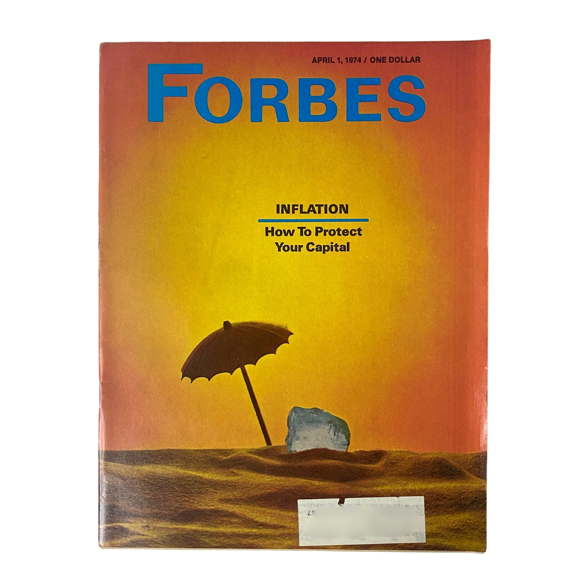 Forbes Magazine Cover from April 1, 1974, featuring the title 'Inflation: How To Protect Your Capital', showcasing an artistic design with an umbrella and an ice cube against a gradient background.