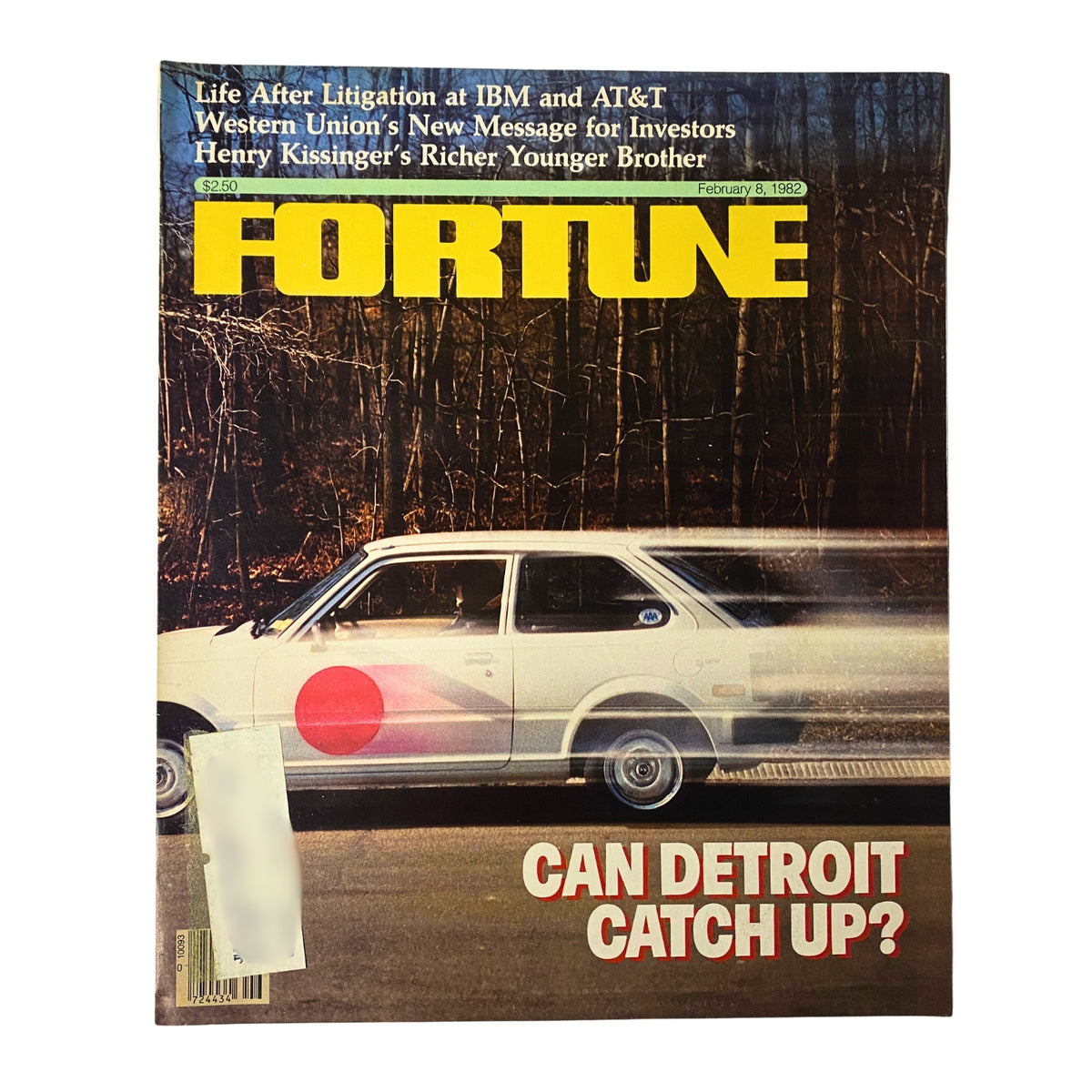 Cover of Fortune Magazine from February 8, 1982, featuring the headline 'Can Detroit Catch Up?' alongside a Honda Civic with a Japanese flag design, highlighting the auto industry competition.