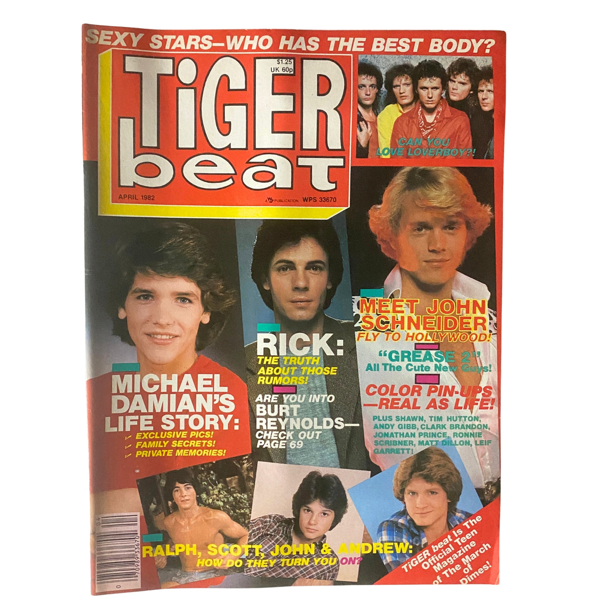 Tiger Beat Magazine April 1982 featuring Michael Damian and Rick Springfield on the cover, highlighting exclusive interviews and celebrity content.
