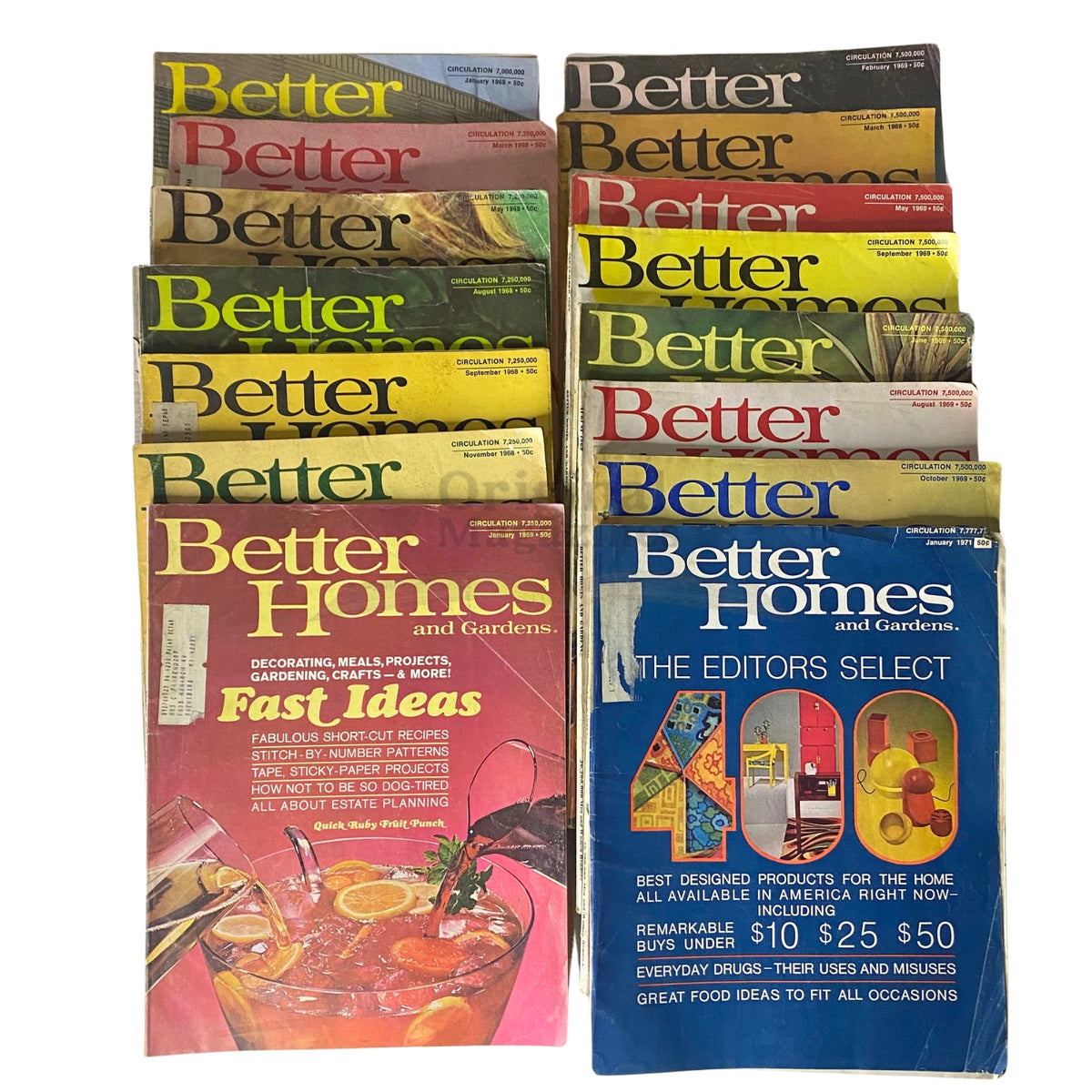 Lot of 15 Better Homes and Gardens Magazine 1968 - 1969, 1971 showing various colorful covers featuring home and garden themes, reflecting mid-20th century design and lifestyle.