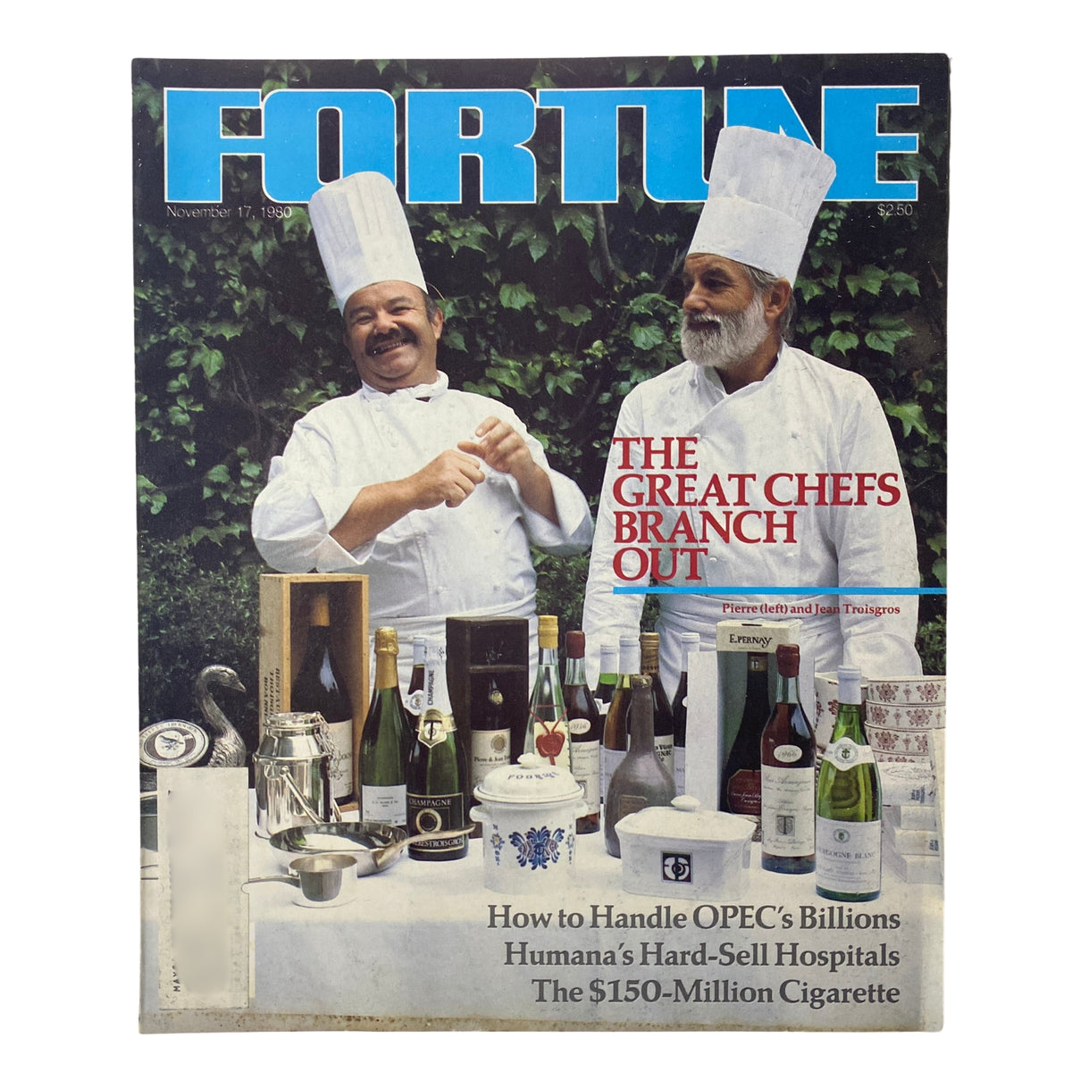 Cover of Fortune Magazine dated November 17, 1980, featuring the Troisgros brothers in chef attire and showcasing the title 'The Great Chefs Branch Out'.
