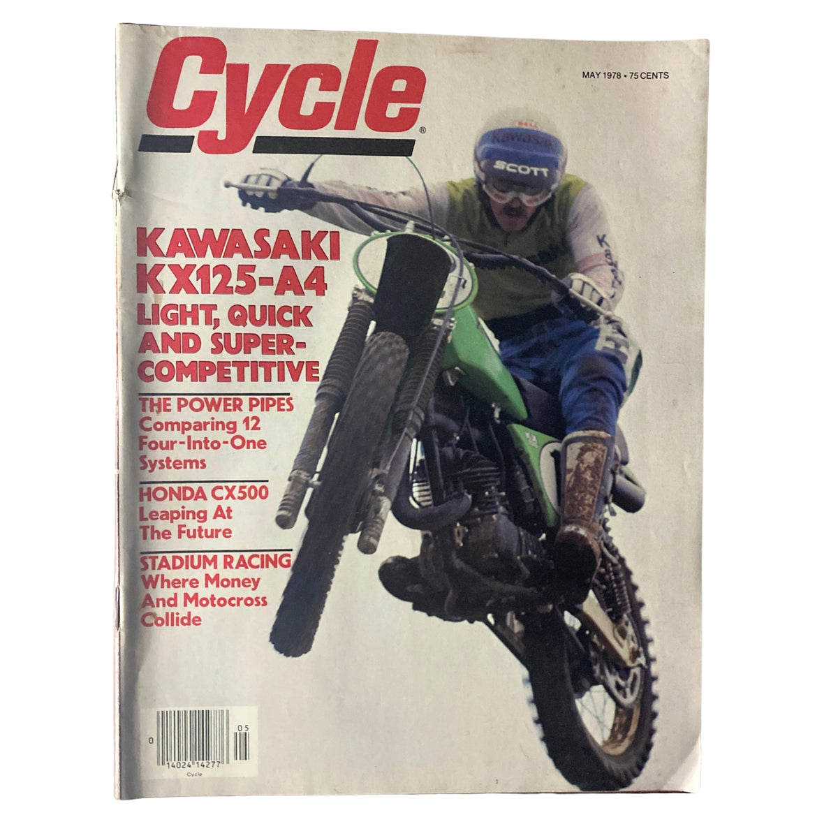 Cover of Cycle Magazine from May 1978 featuring the Kawasaki KX125-A4 with the headline 'Light, Quick and Super-Competitive'. The magazine includes articles on Honda CX500 and motocross racing.