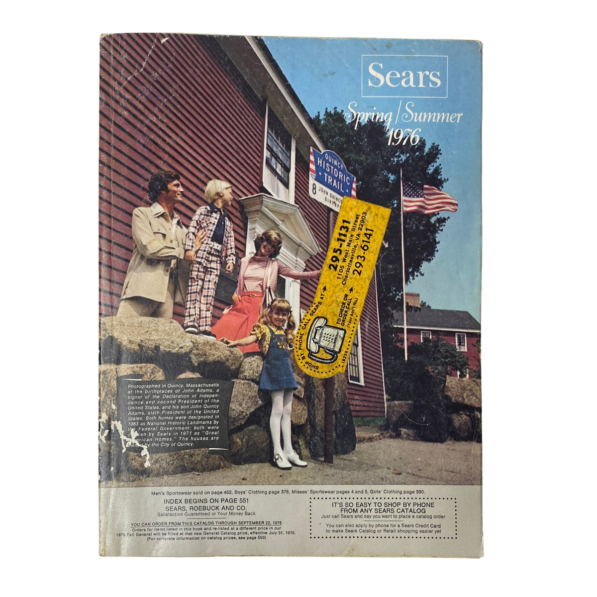 Cover of the 1976 Sears Spring and Summer Catalog, featuring a family posing in front of a historic home with Americana style.