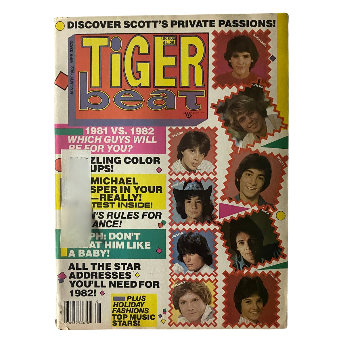 Cover of Tiger Beat Magazine January 1982 featuring teen idols Michael Damian and John Schneider. The magazine highlights exclusive interviews, vibrant pinups, and pop culture content, appealing to vintage magazine collectors and fans of 1980s entertainment.