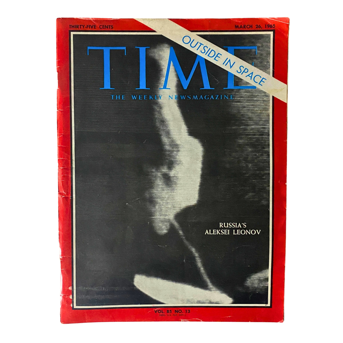 Time Magazine cover dated March 26, 1965, Vol 85 No. 13 featuring Russia's Aleksei Leonov, the first human to conduct a spacewalk, highlighting the significance of space exploration.