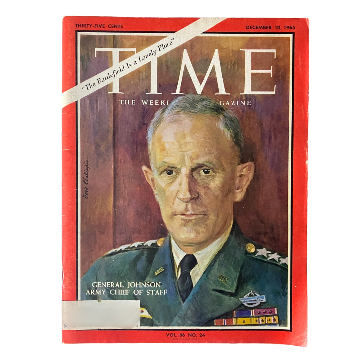 December 10, 1965 issue of Time Magazine featuring General Harold K. Johnson, U.S. Army Chief of Staff, on the cover. The magazine highlights significant military history and political developments of the Vietnam War era.