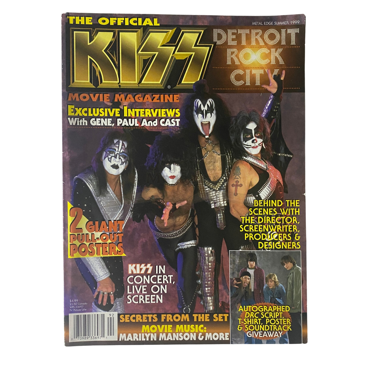 Cover of Metal Edge Magazine Summer 1999 featuring KISS, titled 'The Official KISS Movie Magazine' with exclusive interviews with Gene Simmons and Paul Stanley, plus a feature on 'Detroit Rock City'.