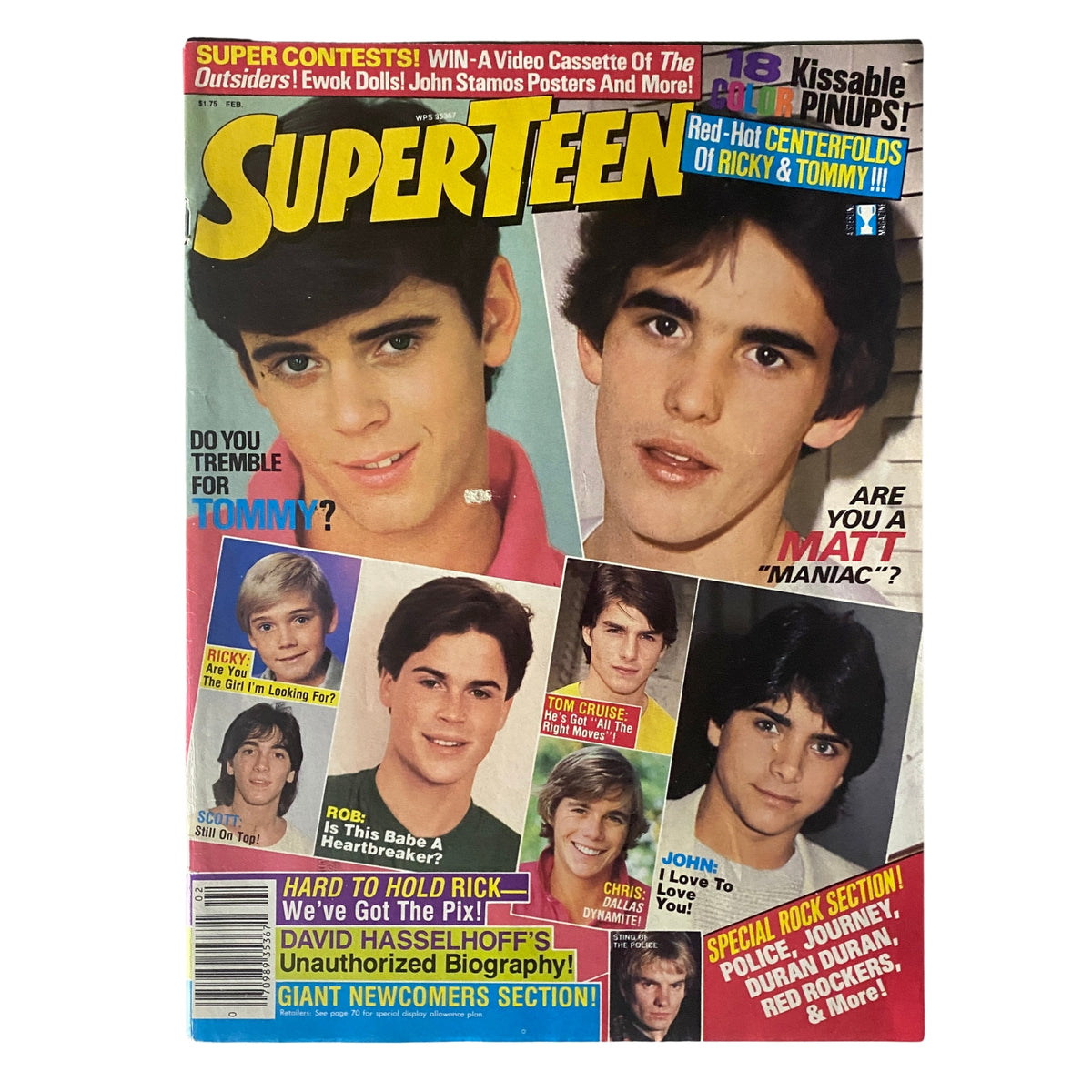 SuperTeen Magazine February 1984 cover featuring Tommy Puett and Matt Lattanzi with an array of teen idols including Tom Cruise and Rob Lowe.