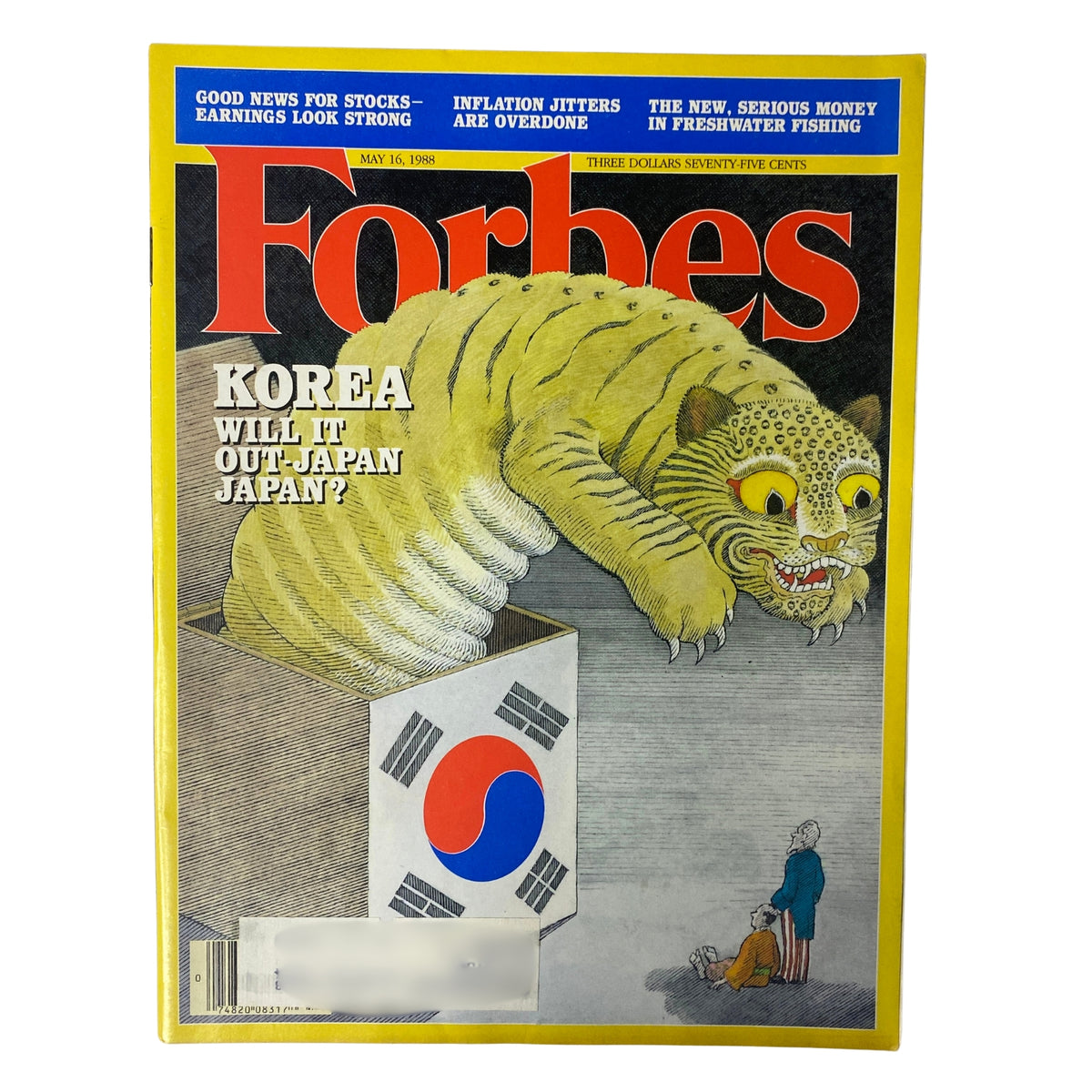 Forbes Magazine cover from May 16, 1988 featuring the title 'Korea: Will It Out-Japan Japan?' with an illustration of a creature above a box with the South Korean flag.