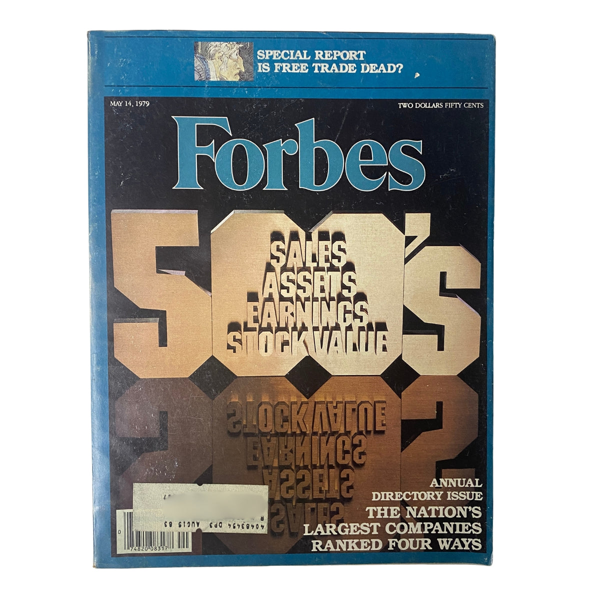 Forbes Magazine May 14, 1979 cover featuring the title '500's Sales, Assets, Earnings and Stock Value' with a special report on free trade.