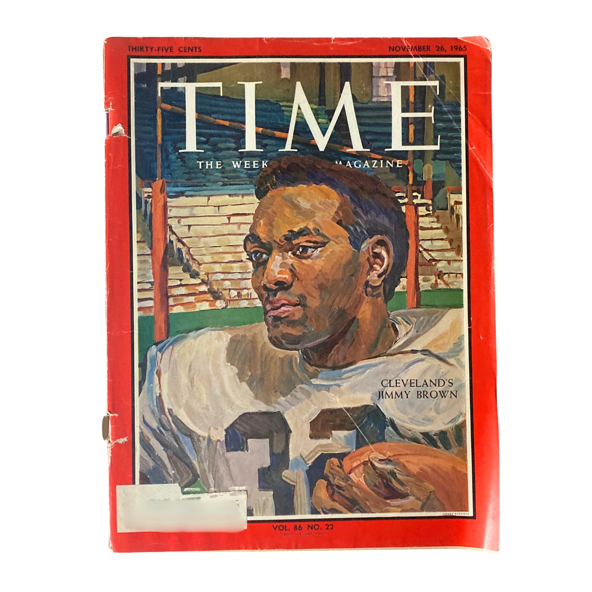 Vintage Time Magazine cover from November 26, 1965, featuring Cleveland's Jimmy Brown, showcasing his portrait in a football jersey with a red background and a depiction of a football field.