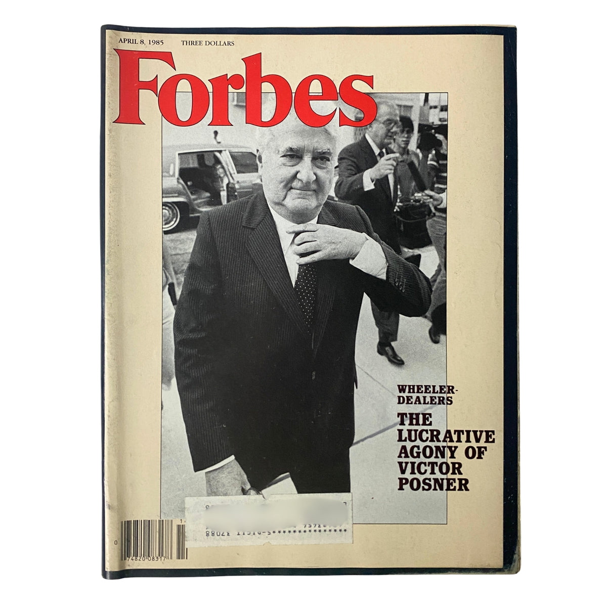 Forbes Magazine cover from April 8, 1985 featuring the title 'The Lucrative Agony of Victor Posner' and a notable photograph of Victor Posner.