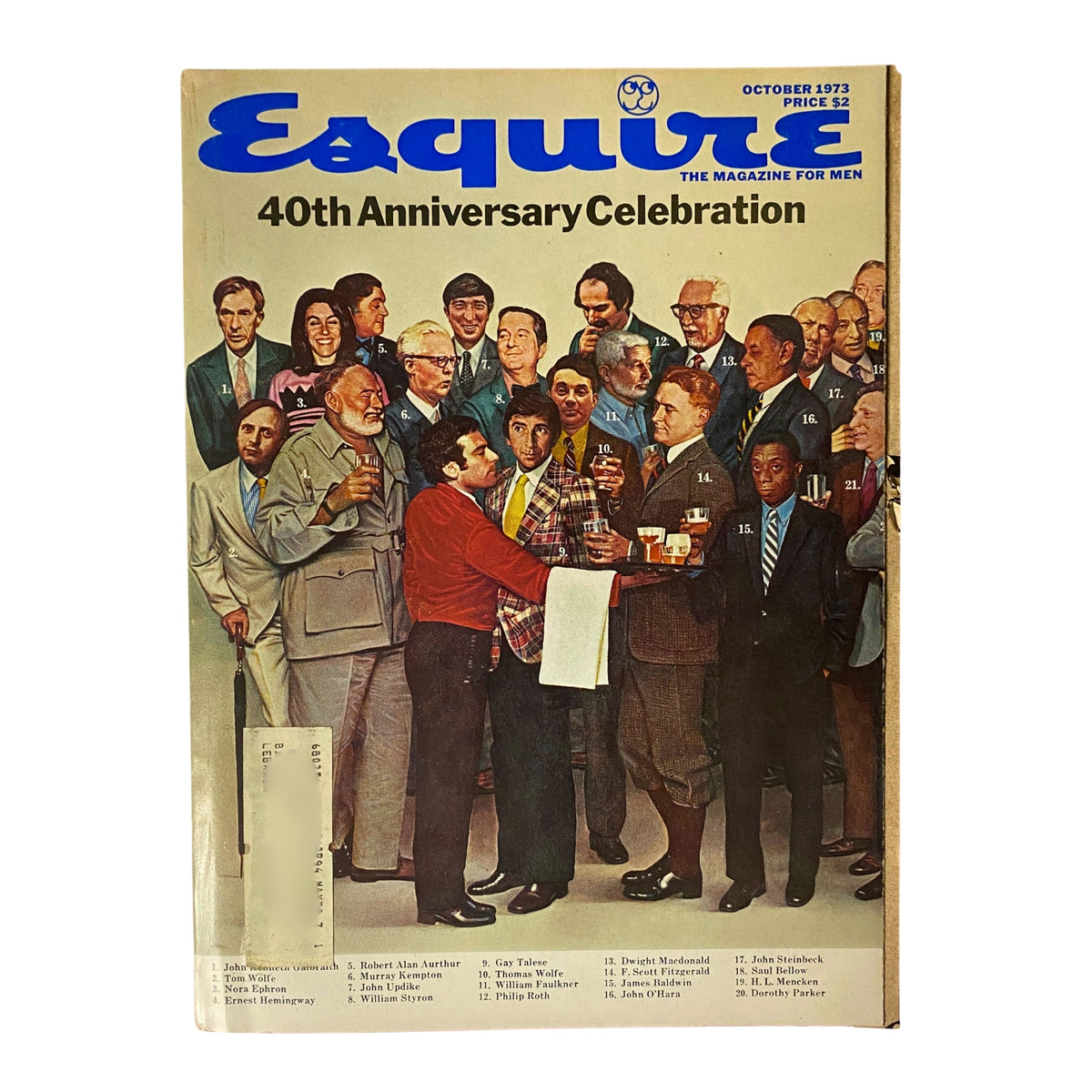 Esquire Magazine October 1973 cover featuring the 40th Anniversary Celebration with notable literary figures including Tom Wolfe, Nora Ephron, and Ernest Hemingway. The colorful artwork showcases a gathering of distinguished authors and personalities from the 20th century.