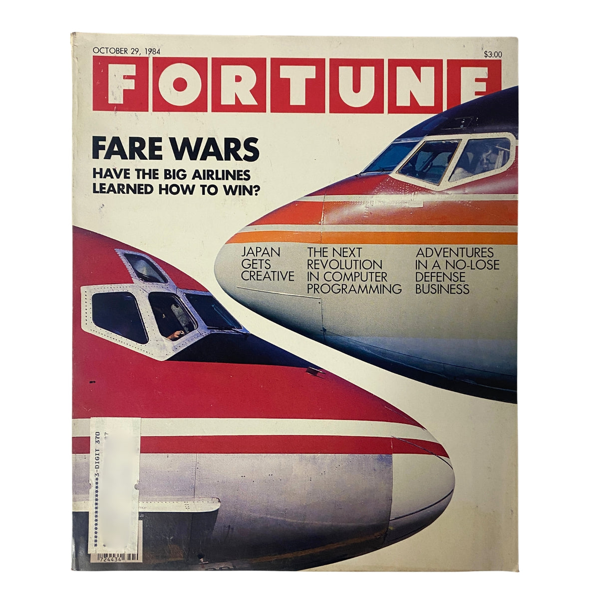 Fortune Magazine cover from October 29, 1984, featuring the title 'Fare Wars: Have the Big Airlines Learned How to Win?' with images of airplane noses and text highlighting key topics such as competition in the airline industry.