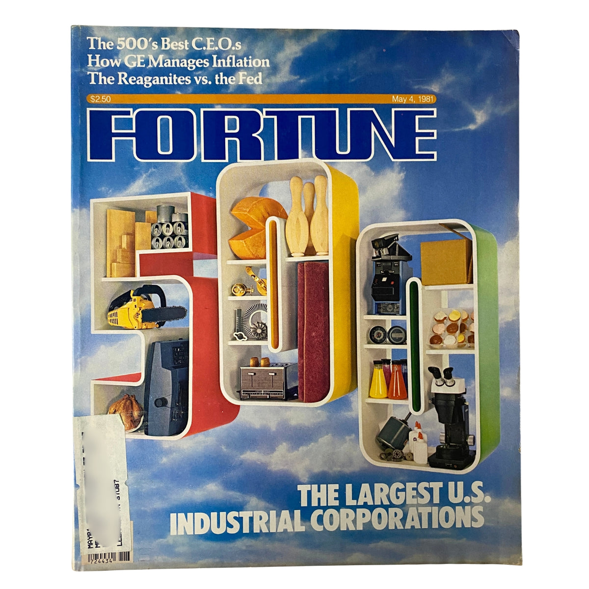 Cover of Fortune Magazine, May 4, 1981, titled 'The Largest U.S. Industrial Corporations', featuring a colorful design with various industrial items, showcasing the ranking of top corporations and their impact on the economy.