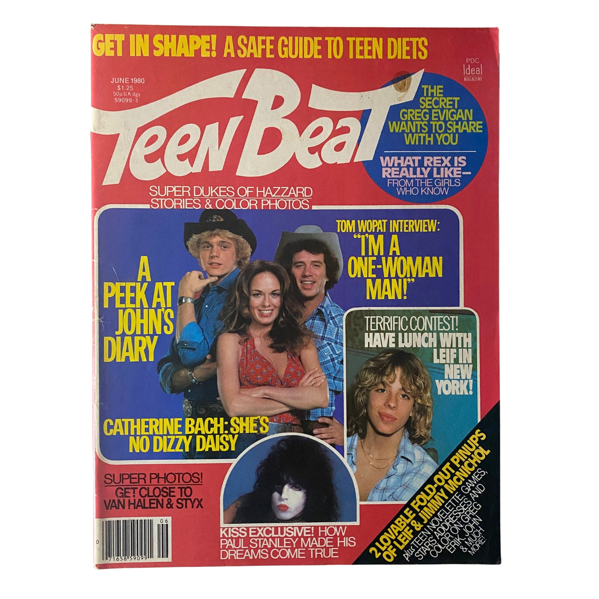 Teen Beat Magazine June 1980 cover featuring John Schneider, Catherine Bach, and Tom Wopat with headlines highlighting interviews and pinups.