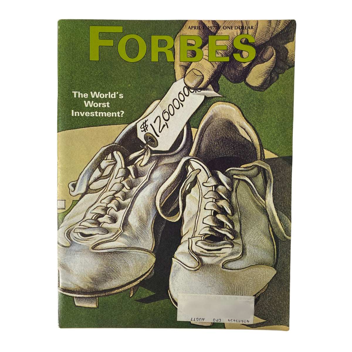 Forbes Magazine April 1, 1977, featuring the cover story 'The World’s Worst Investment' with an illustration of a hand holding a price tag on a pair of shoes.