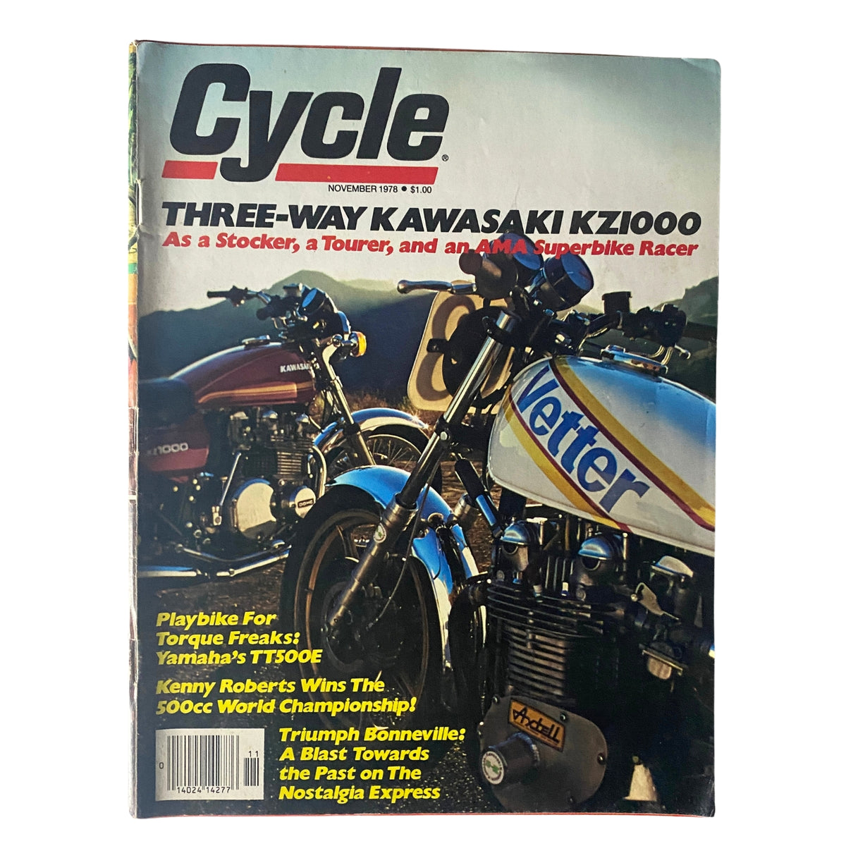 Cycle Magazine November 1978 cover featuring the Three-Way Kawasaki KZ1000 Superbike Racer, highlighting its versatility as a stocker, tourer, and AMA superbike.