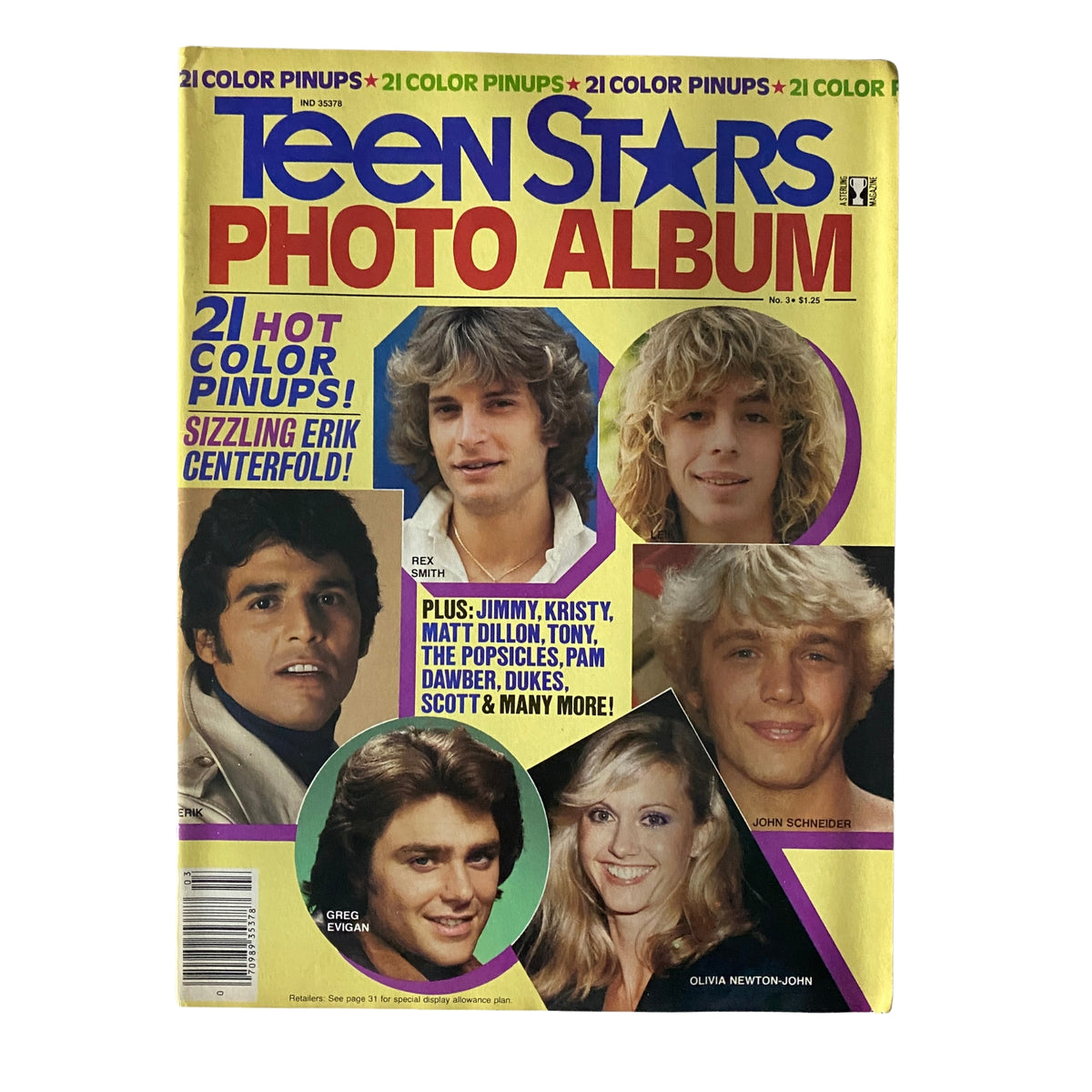 Teen Stars Photo Album Issue No. 36 featuring Erik Estrada and John Schneider on the cover, showcasing 21 color pinups with celebrity highlights including Rex Smith and Olivia Newton-John.