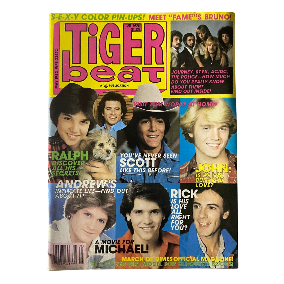 Tiger Beat Magazine May 1982 Cover featuring Ralph Macchio, Scott Baio, and John Schneider, showcasing articles and color pin-ups, vintage teen idol publication.