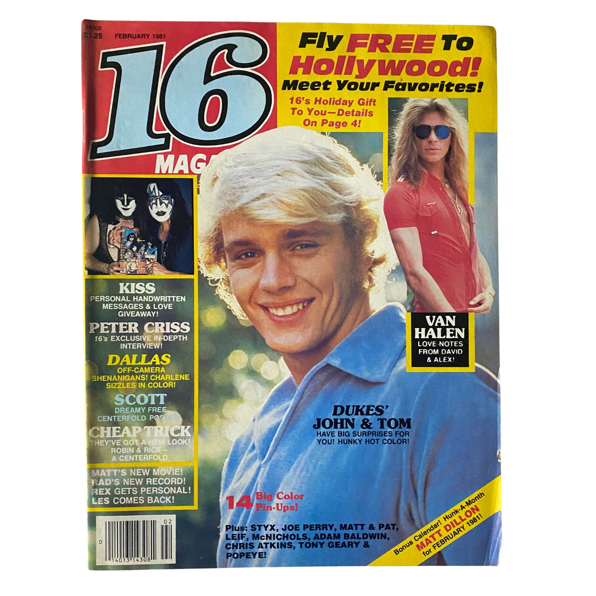 16 Magazine February 1981 issue cover featuring John Schneider and David Lee Roth, showcasing pop culture icons and vintage designs.