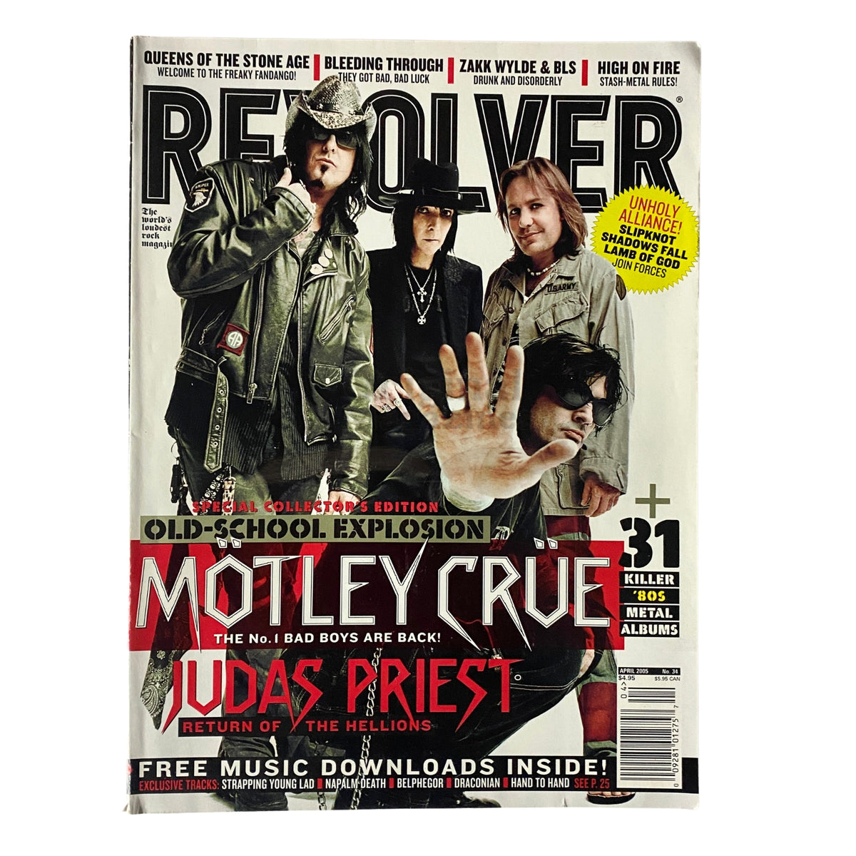 Revolver Magazine April 2005 issue featuring Mötley Crüe on the cover, showcasing the band's iconic style and promoting the heavy metal culture of the 1980s.