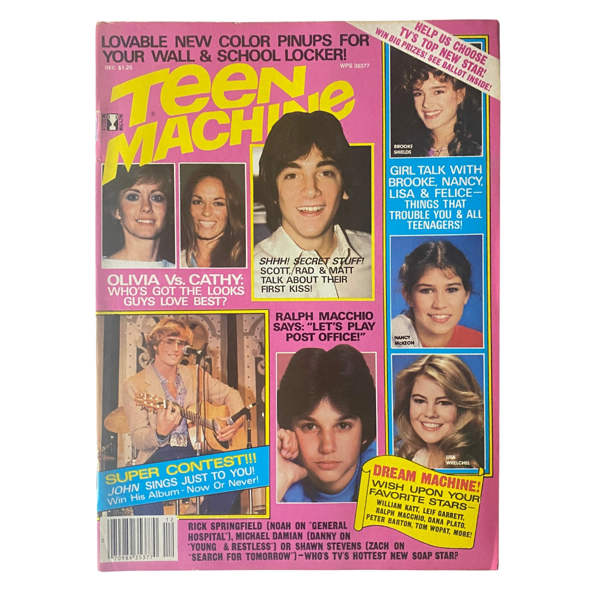 Cover of Teen Machine Magazine from December 1981 featuring Scott Baio and Ralph Macchio, along with pinup pictures of popular teen idols like Olivia Newton-John and Brooke Shields. The magazine includes articles about celebrity gossip, interactive features, and a special focus on 1980s pop culture.
