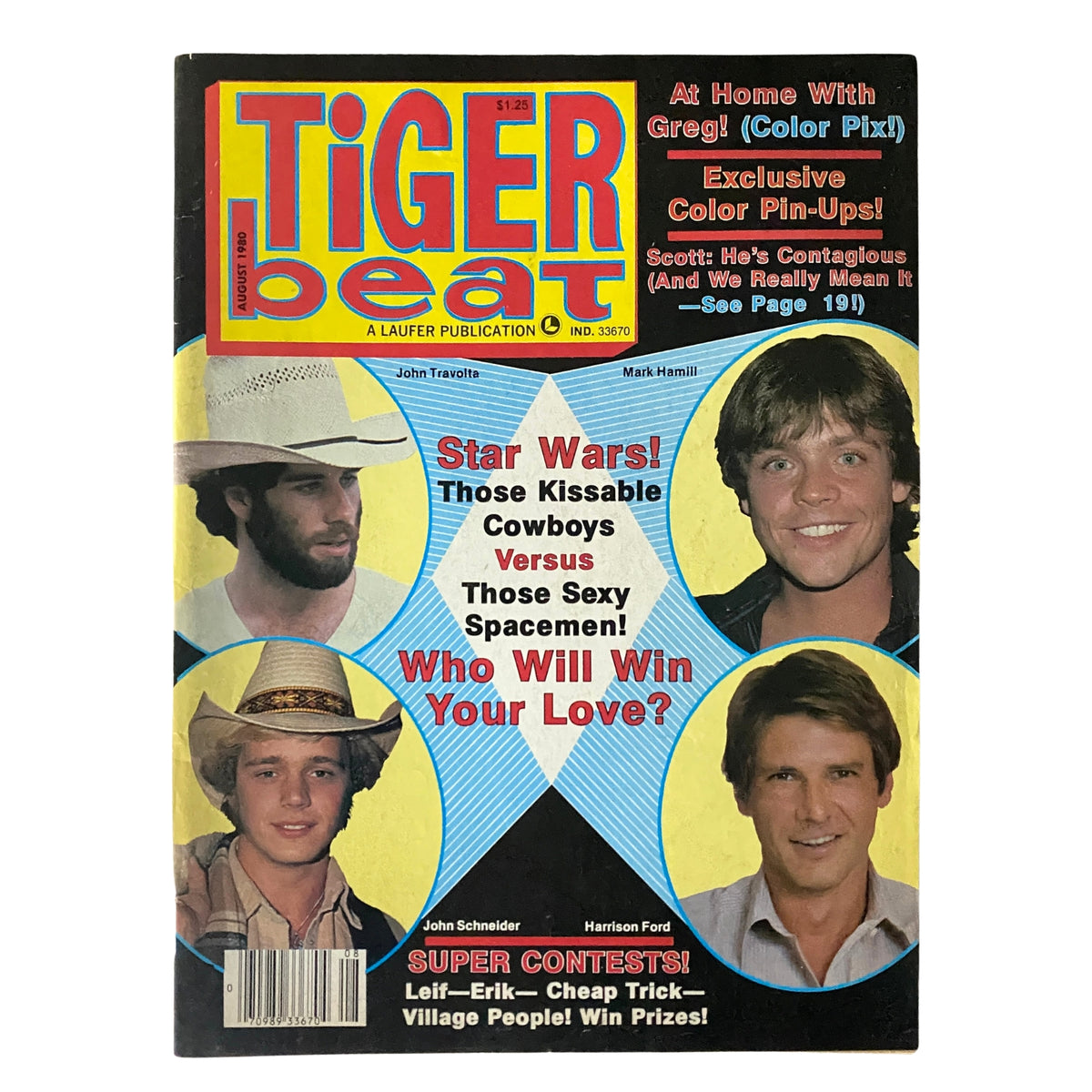 Cover of Tiger Beat Magazine August 1980 featuring John Travolta and Mark Hamill, showcasing 1980s pop culture with text highlighting contests, color pin-ups, and teen idol features.