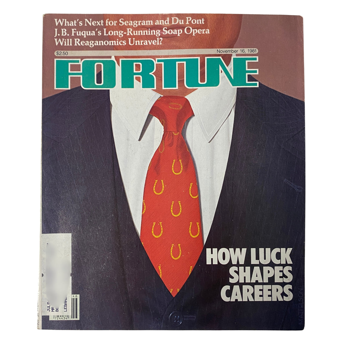 Cover of Fortune Magazine from November 16, 1981, featuring the title 'How Luck Shapes Careers,' showcasing a businessman in a suit with a horseshoe-patterned tie.