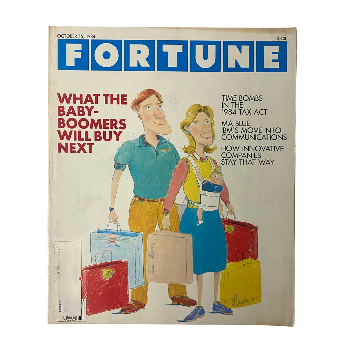 Cover of Fortune Magazine dated October 15, 1984, featuring the title 'What The Baby-Boomers Will Buy Next' with illustrations of a couple carrying shopping bags and a baby in a carrier.
