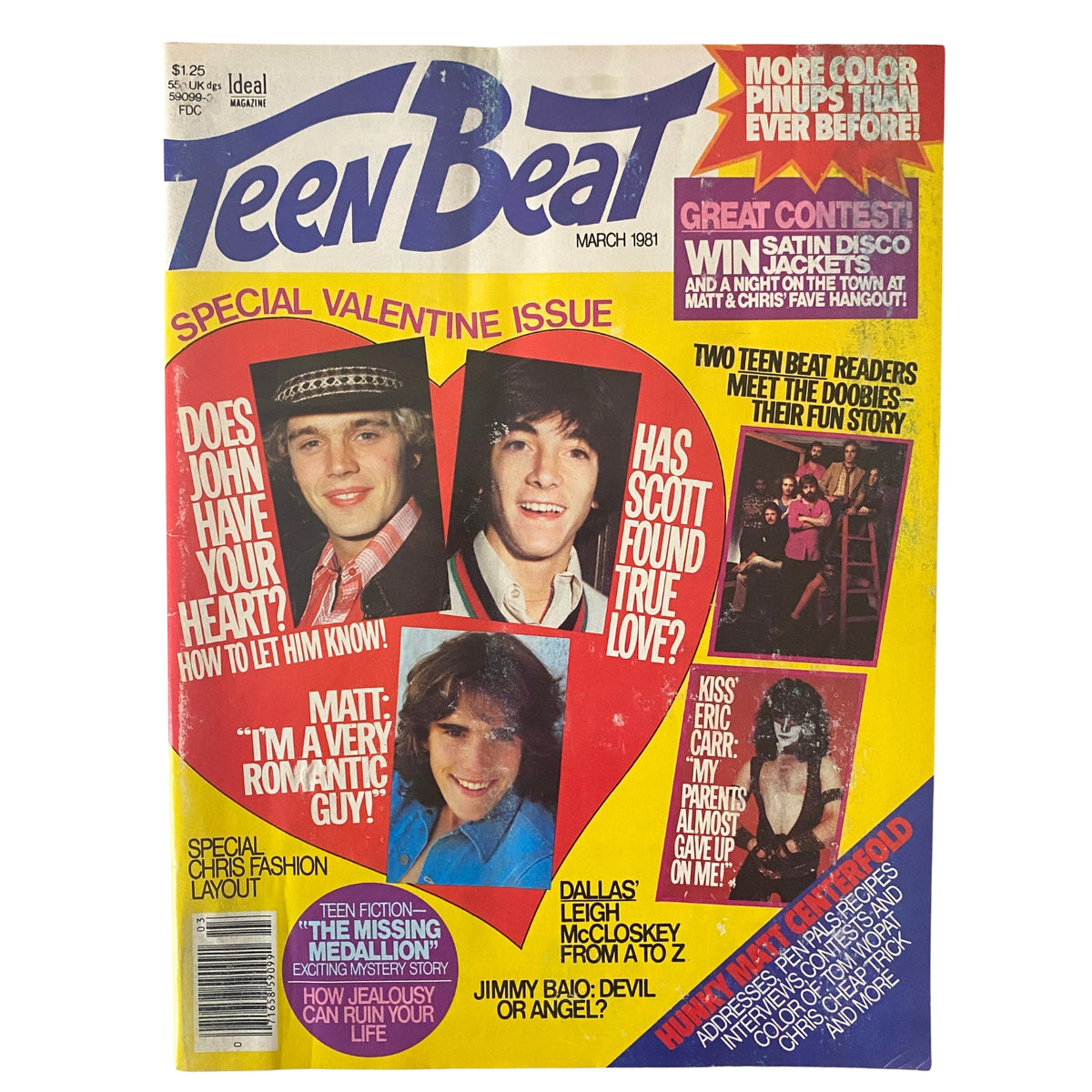 Teen Beat Magazine March 1981 cover featuring John Schneider, Scott Baio, and Matt Dillon, highlighting exclusive interviews, celebrity pinups, and pop culture content. Special Valentine issue with colorful design and engaging headlines.