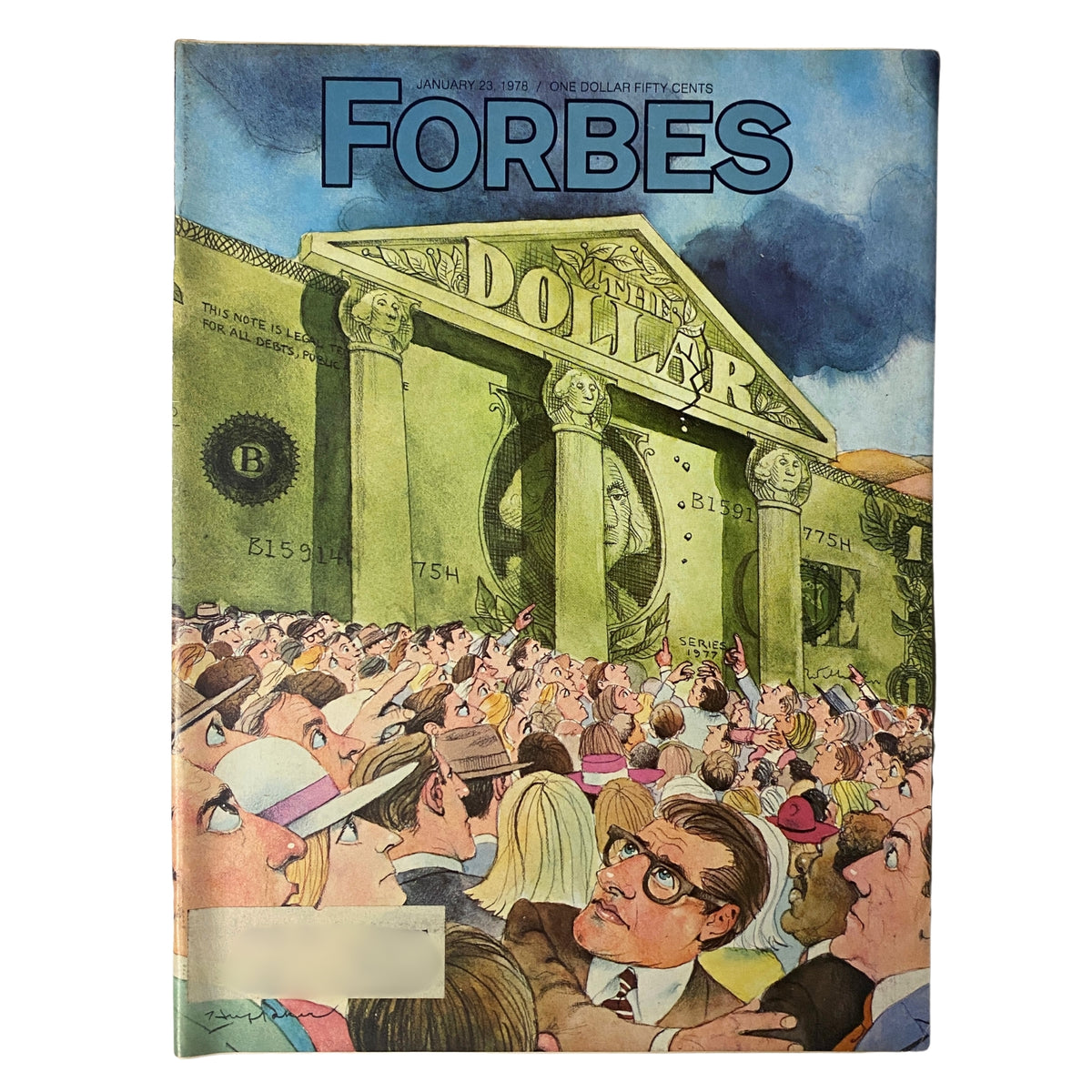 Cover of Forbes Magazine, January 23, 1978, featuring the headline 'The Dollar: It Sinks For A Good Reason', illustrated with a crowd reacting to economic issues.