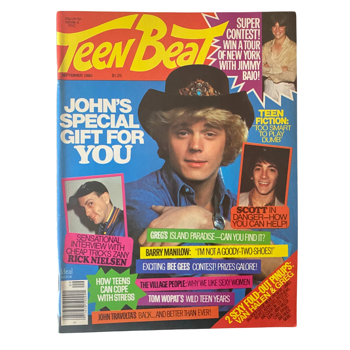 Cover of Teen Beat Magazine September 1980 featuring John Schneider with text about his special gift for fans, appearances by Barry Manilow and Scott Baio, and the magazine's super contest.