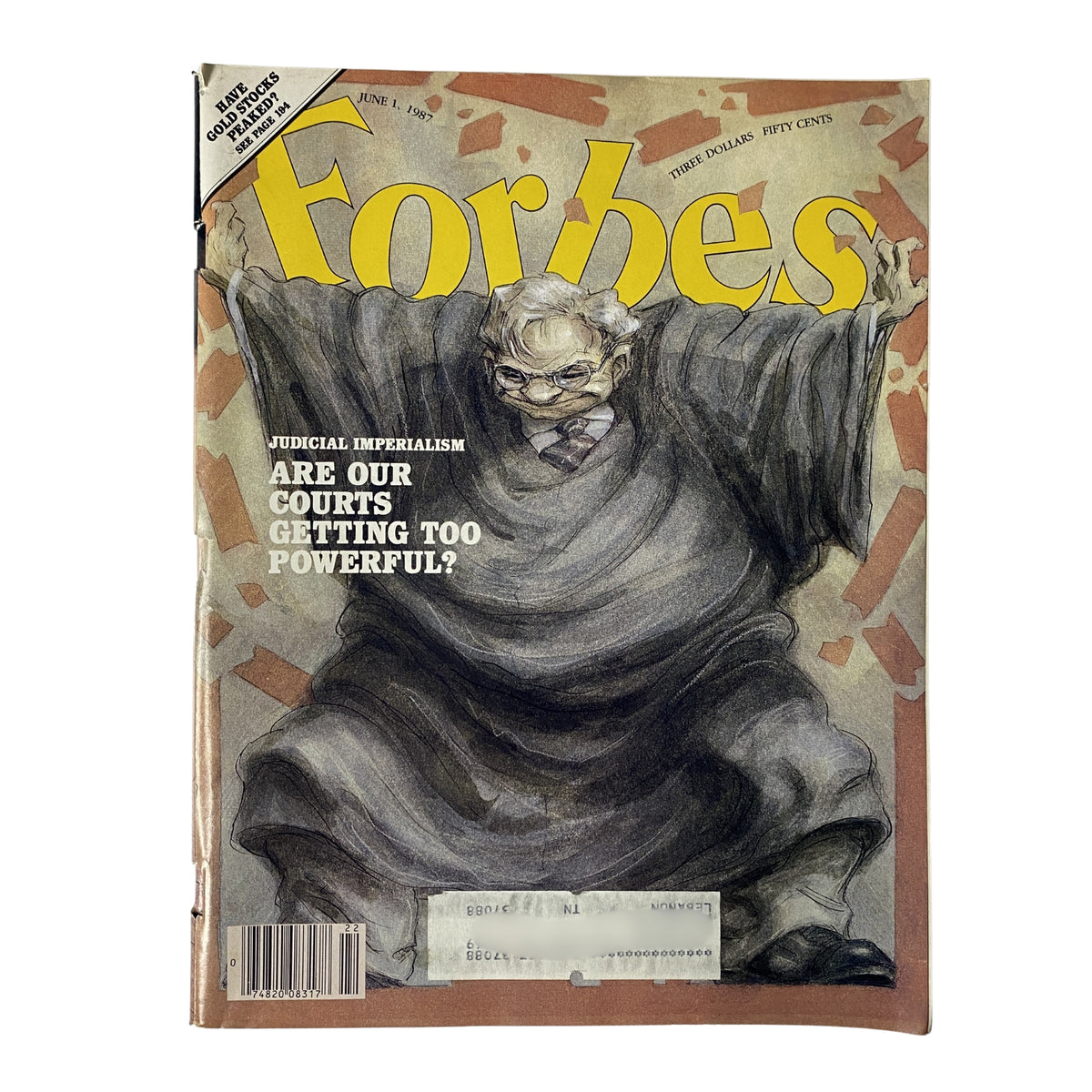 Cover of Forbes Magazine from June 1, 1987 featuring the article 'Judicial Imperialism' by Peter Brimelow, showcasing an illustration questioning the power of courts.
