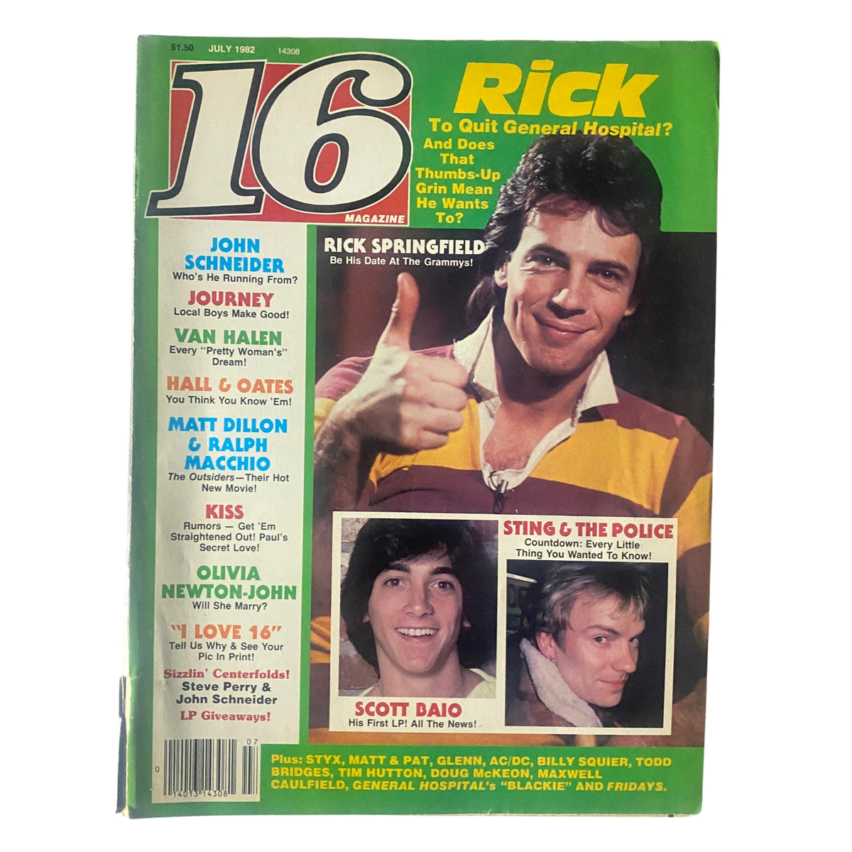 Cover of the July 1982 issue of 16 Magazine featuring Rick Springfield and Scott Baio, rich in 80s pop culture, highlighting celebrity interviews and pin-up posters.