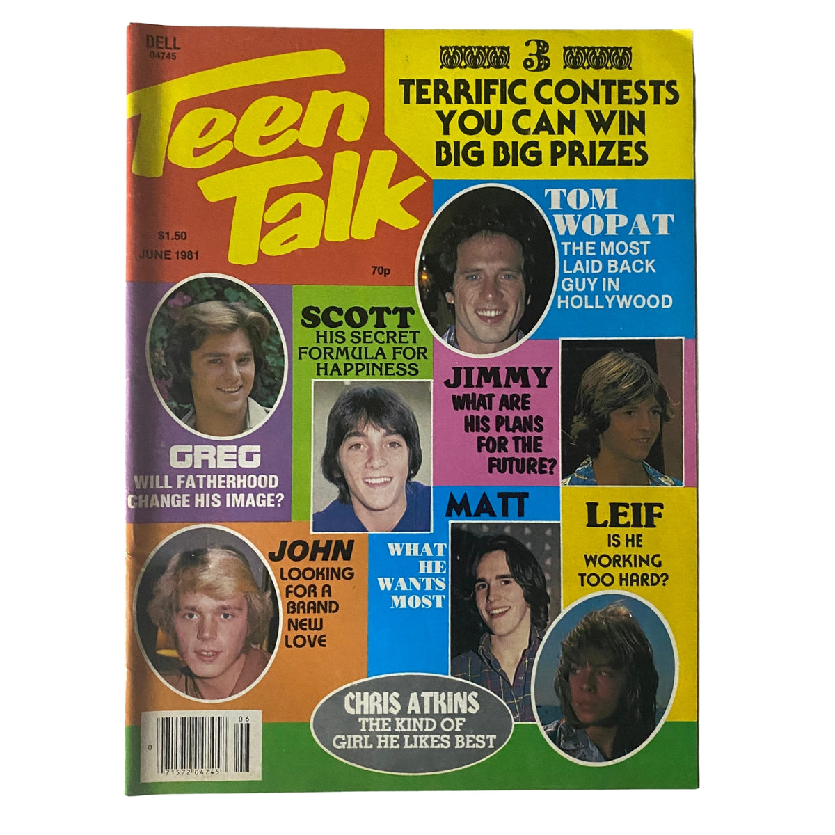 Teen Talk Magazine June 1981 cover featuring Tom Wopat, Scott Baio, and other teen idols, highlighting celebrity interviews and contests.