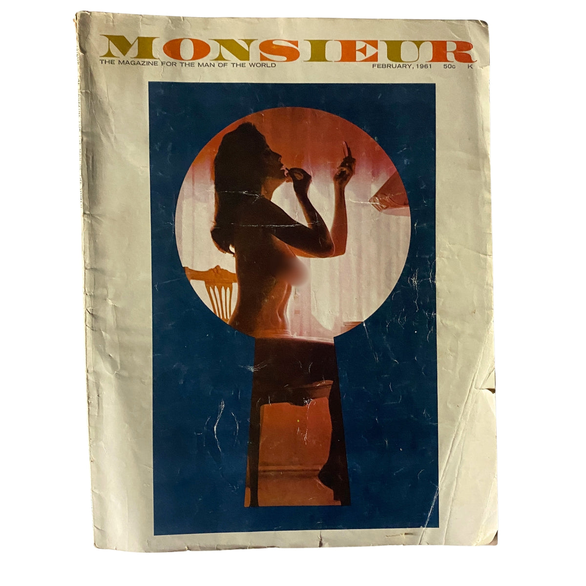 Monsieur Magazine February 1961 cover featuring a silhouette of a woman, highlighting vintage aesthetics and cultural themes of the early 1960s.